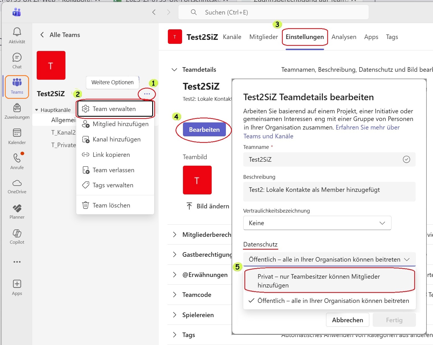  Team verwalten - Einstellungen für den Datenschutz bearbeiten
