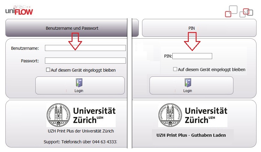 Bild 1: Login-Ansicht für Studierende (links) und Gäste (rechts).