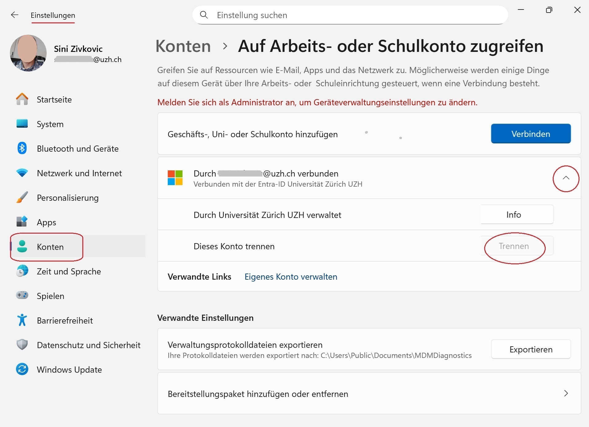 Geräteverbindung (Arbeits- oder Schulkonto) trennen oder verbinden 