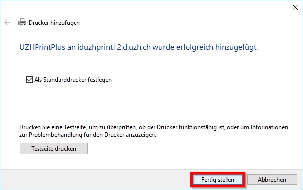 Bild 7: Abschlussdialog des Drucker-Assistenten mit Schaltfläche «Fertig stellen».