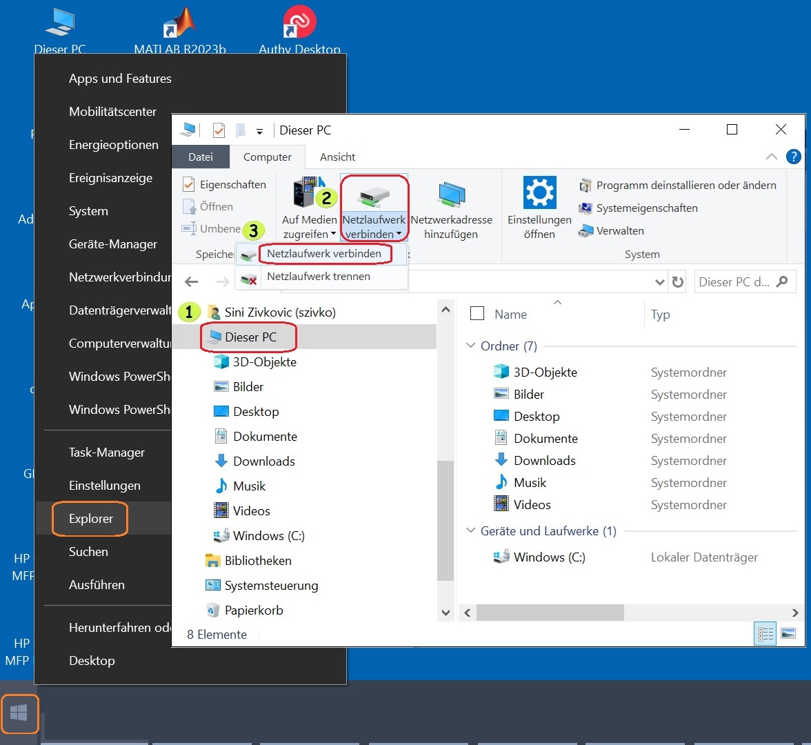 Bild 1: Windows Datei-Explorer mit Menüpunkt «Netzlaufwerk verbinden»