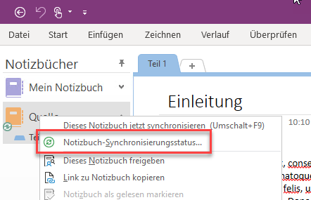 "Notizbuch-Synchronisierungsstatus..." im Kontextmenü des Notizbuchs