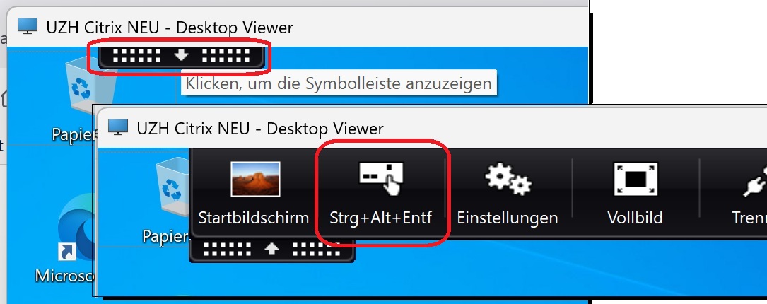 Lasche in Citrix Desktop zum Anzeigen der Symbolleiste