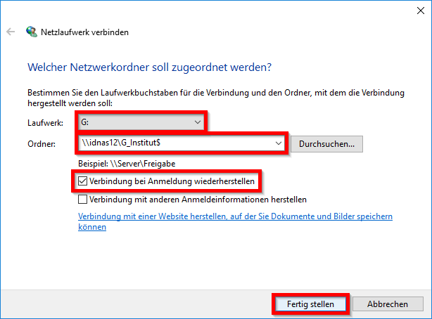 Abbildung 2: Konfiguration des einzubindenden Netzlaufwerks.
