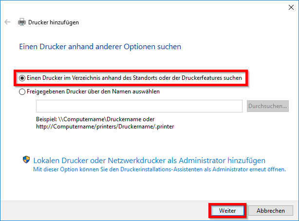 Bild 5: Dialog «Drucker hinzufügen» mit aktivierter Option zur Verzeichnissuche