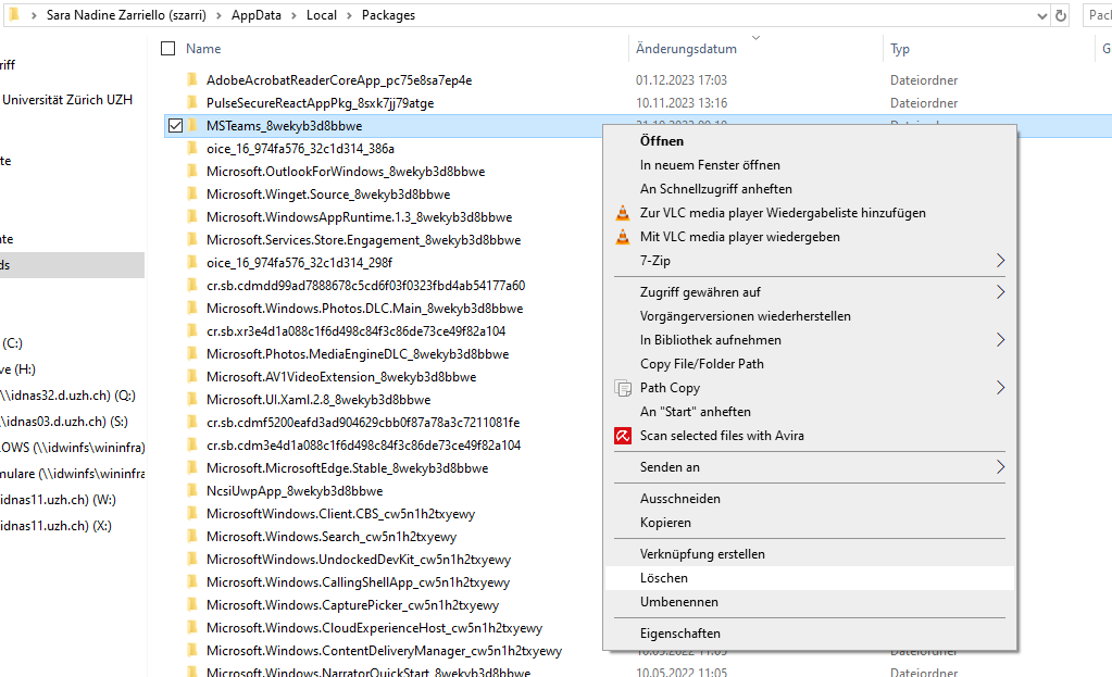 Windows-Explorer mit ausgewähltem Teams-Ordner und geöffneter Option «Löschen» im Kontextmenü.