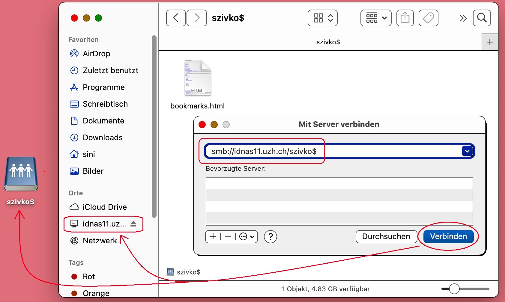 Bild 2: Dialogfenster ‚Mit Server verbinden‘ mit eingegebener Adresse smb://idnas11.uzh.ch/shortname$