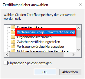 Bild 5: Auswahlfenster «Vertrauenswürdige Stammzertifizierungsstellen»