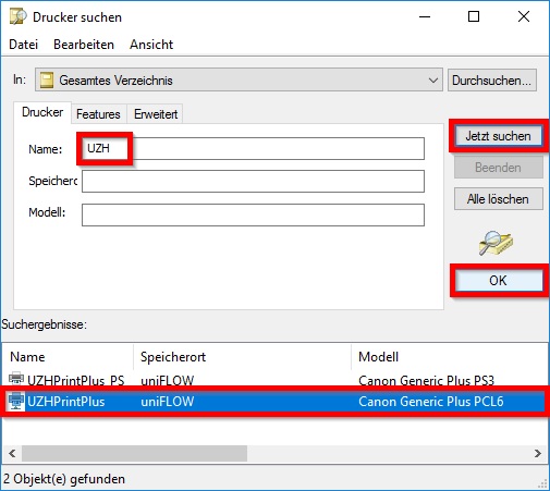 Bild 6: Suchformular für Drucker mit Suchfeld und Ergebnisliste.