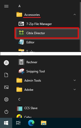 Bild 1: Geöffnetes Startmenü mit markiertem Eintrag «Citrix Director»