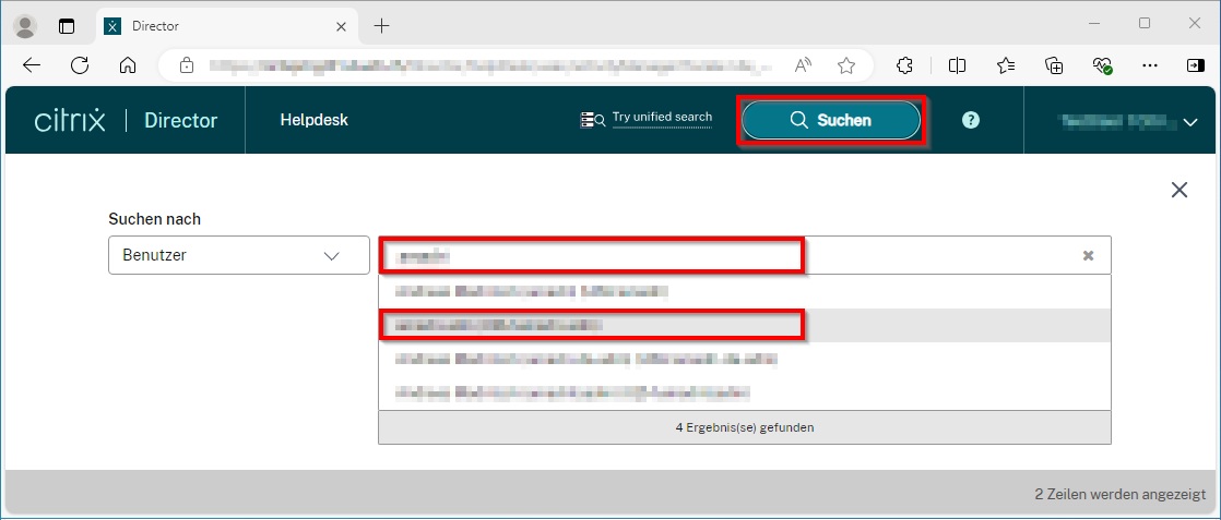 Bild 10: Citrix Director mit Suchfeld für weiteren Benutzer
