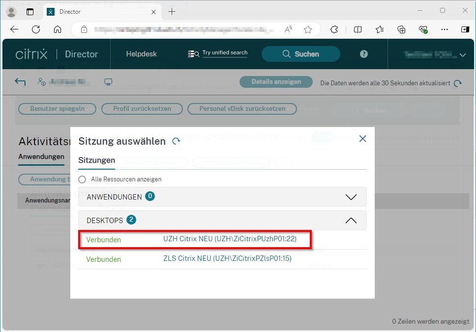 Bild 4: Fenster mit angezeigten Benutzer-Sitzungen zur Auswahl
