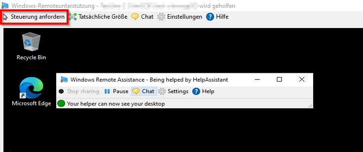 Bild 8: Fenster der Windows-Remoteunterstützung mit Schaltfläche «Steuerung anfordern».
