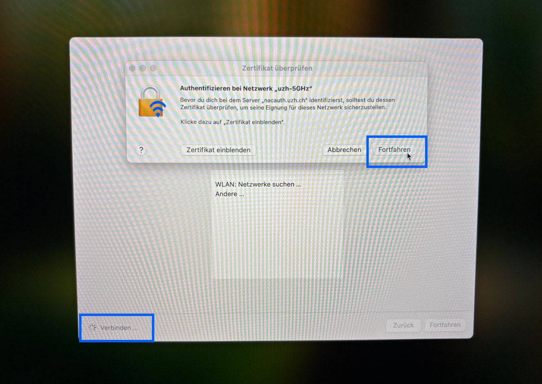 Wlan Zertifikat akzeptieren und Verbindung abwarten