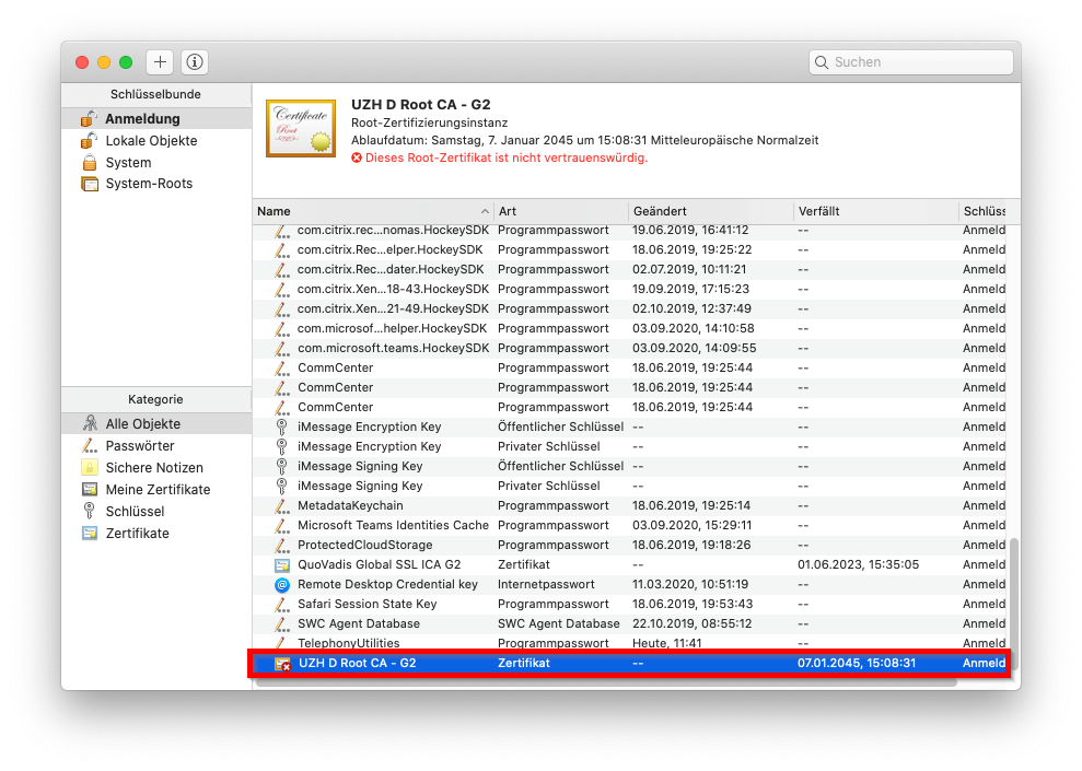 Bild 2: Schlüsselbund mit dem neu hinzugefügten Zertifikat