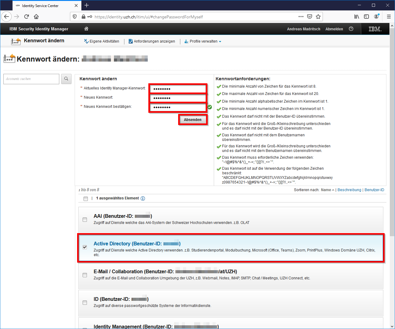 Bild 3: Kontenübersicht und Kennwortanforderungen