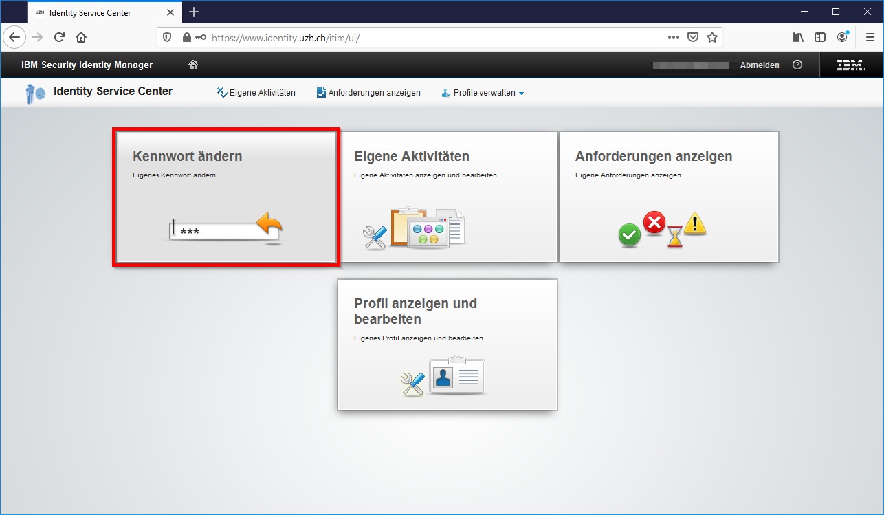 Bild 2: Startseite des Identity-Managers - u.a. mit der Kachel «Kennwort ändern»