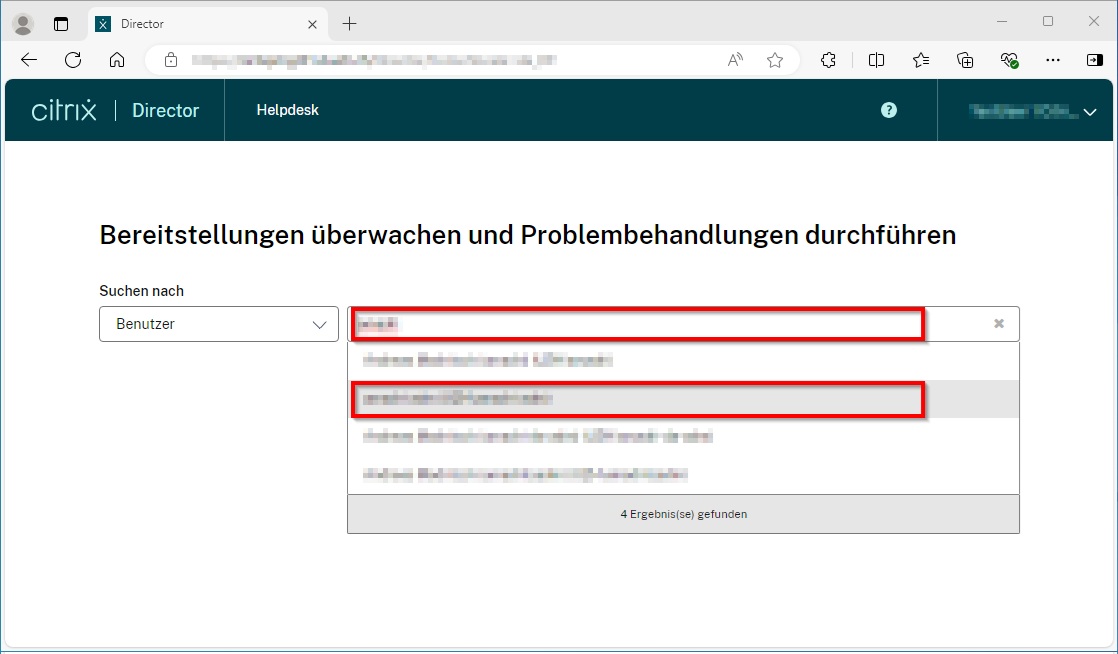 Bild 3: Citrix Director-Fenster mit Suchfeld «Nach Benutzer suchen»