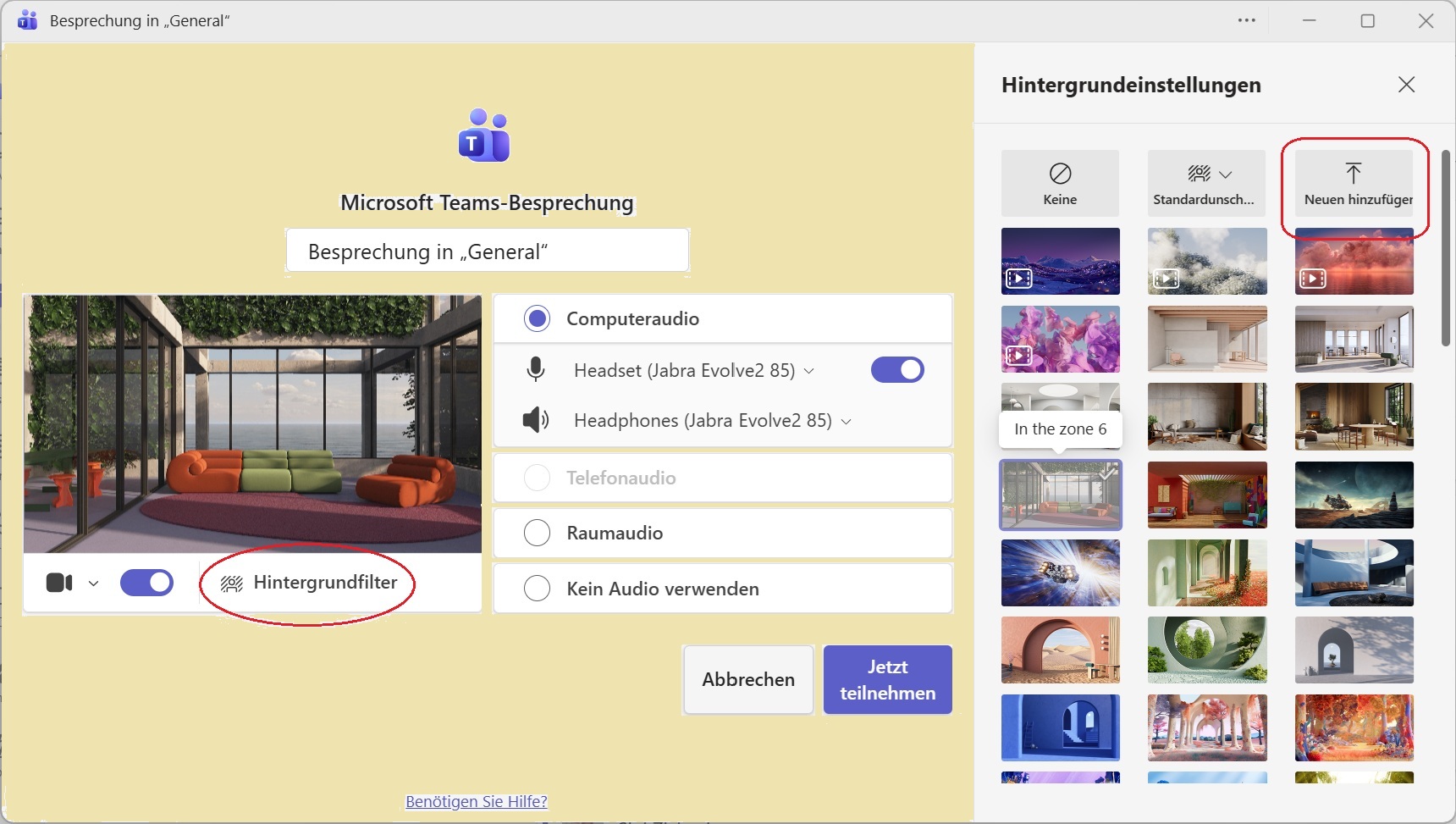 Hintergrundfilter aktivieren, auswählen oder neu hinzufügen.
