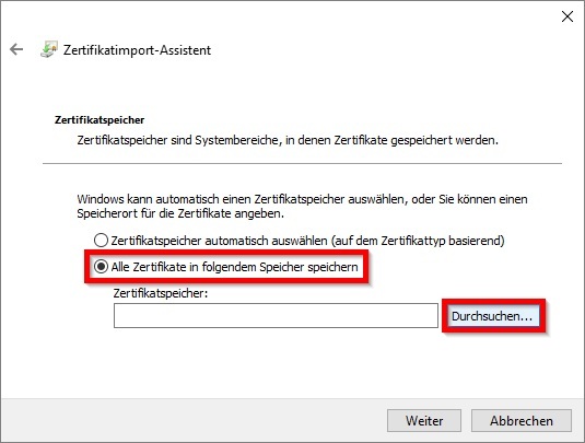 Bild 4: Auswahl des Zertifikatspeichers