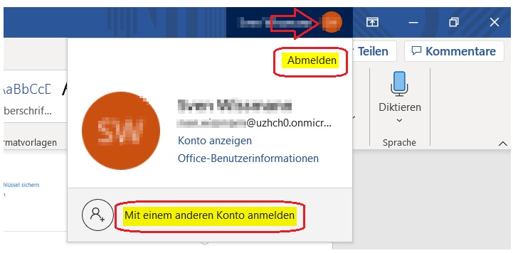 Via Kontomanager sich aus Anwendung abmelden oder Konto wechseln