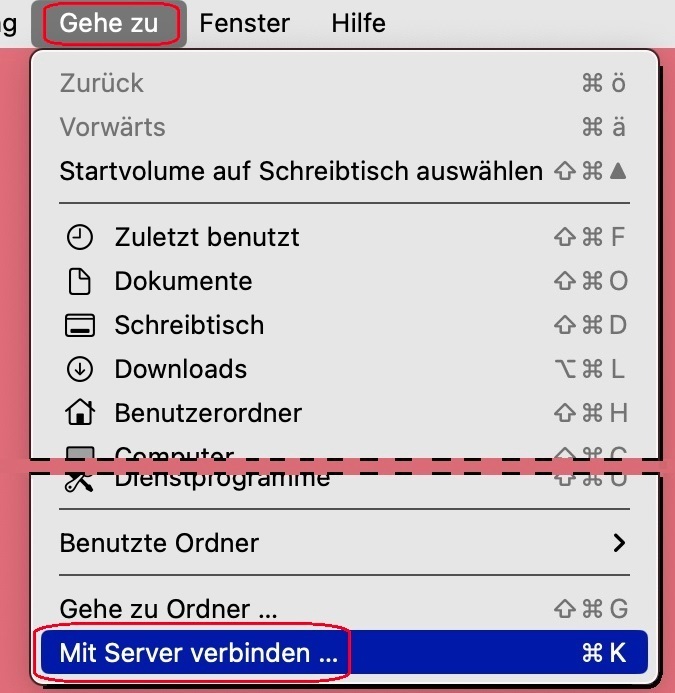 Bild 1: macOS-Finder mit geöffnetem Menü «Gehe zu» und markiertem Befehl «Mit Server verbinden»
