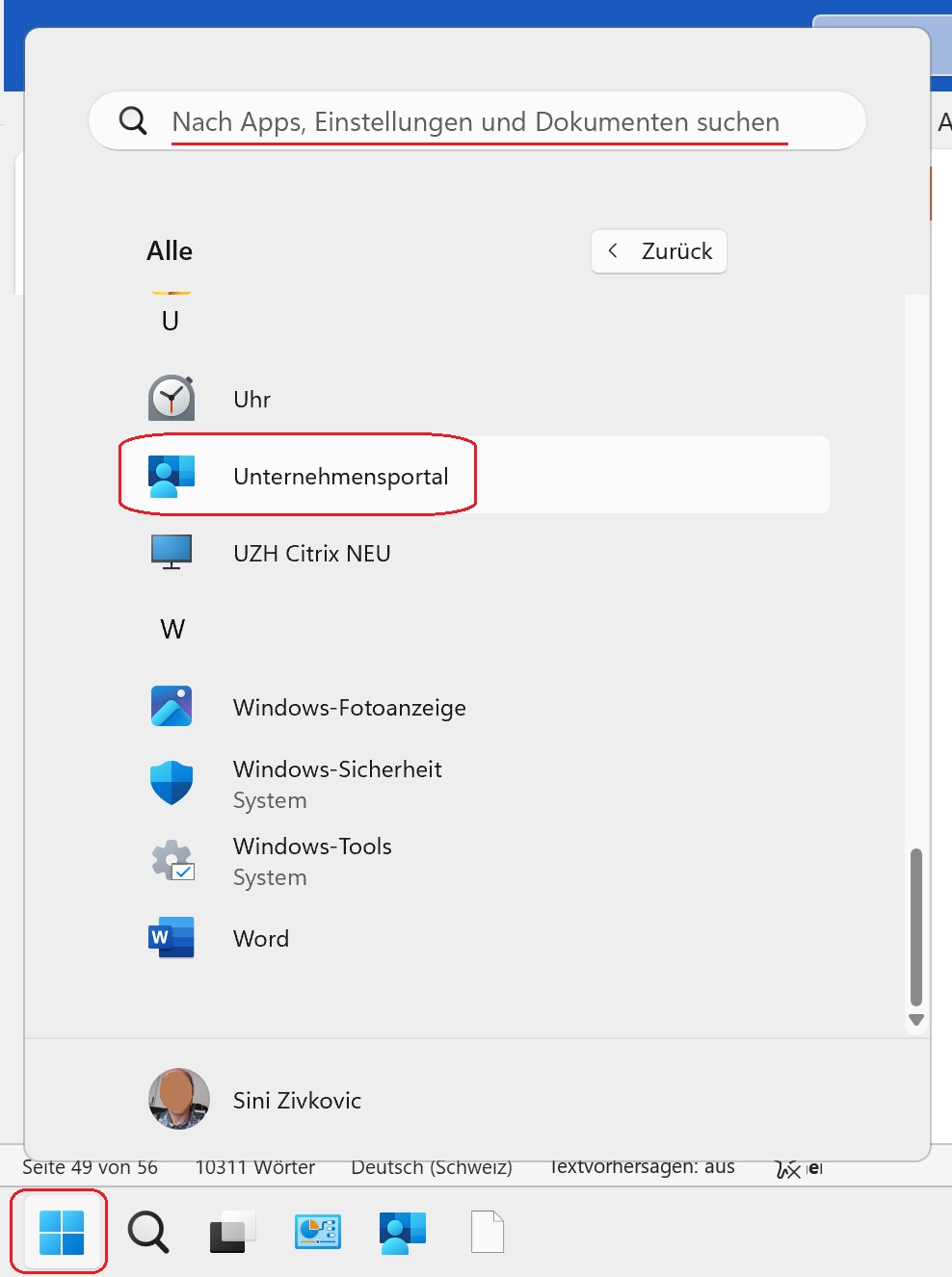 Startmenü mit markiertem Unternehmensportal
