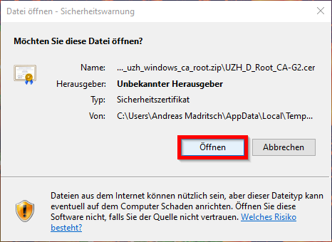 Bild 1: Nachfrage, ob die Datei geöffnet werden soll