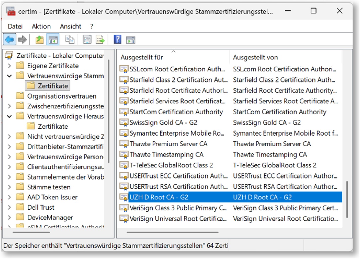 Windows-Zertifikatsverwaltung mit Root-Zertifikatsliste